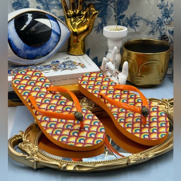 🆕 KURT GEIGER LONDON 🧿 NWOB Kensington Rainbow Flip Flops, Orange - Sz 37 US 7 - Picture 3 of 11